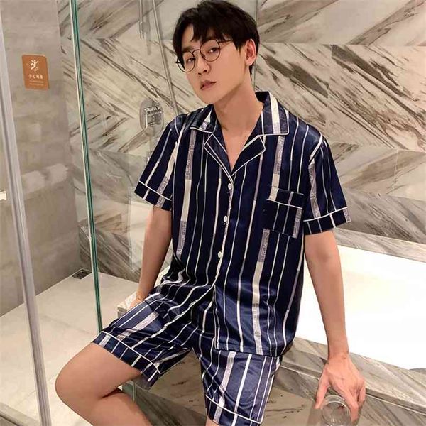 

men comfortable pyjamas plus size 4xl 5xl 90kg short sleeve casual home wear summer silk boy pajama set leisure sleepwear set 210812, Black;brown