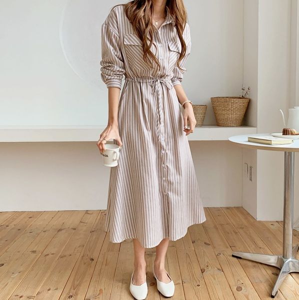 

casual female pleated long waist high Korean strip print dress a544, Black;gray