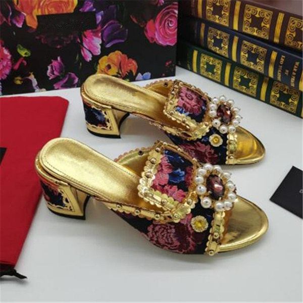 

slippers runway women summer brand designer pearls flower chunky high heels shoes woman slides crystal slip on gladiator sandals, Black