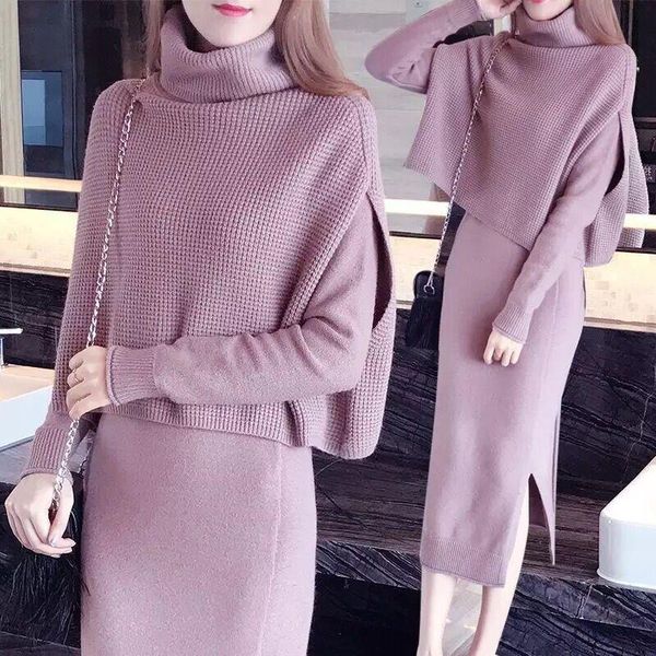 

knitting winter dresses women long with cape 2 pcs 2021 auutmn sleeve dress lady sweater-dress casual, Black;gray