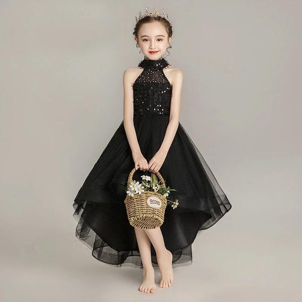 

girl's dresses kids evening black halter sequined girl flower for weddings sleeveless short high low tulle princess, Red;yellow