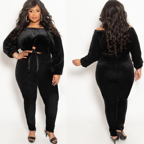 

plus size tracksuits black velvet two piece set women 2021 autumn long sleeve crop elastic leggings sets casual outfits tracksuit