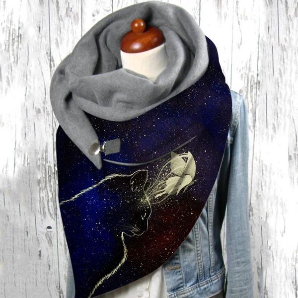 

scarves women fashion printing button soft wrap scarf autumn winter warm cats prints double-layer buckle scarve foulard, Blue;gray