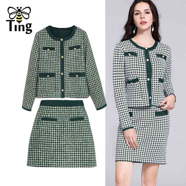 

fashion women knitted skirts set casual plaid button sweater cardigan & mini short 2 pcs sets lady outfits 210513, White