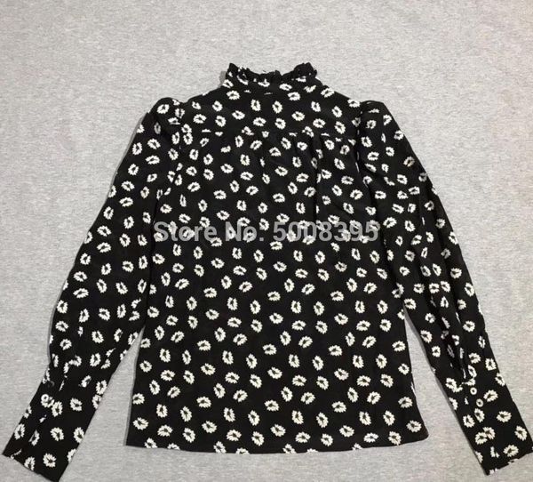 

women's blouses & shirts [elfstyle] - silk black with contrast white floral print shirt stand collar frilled front buttons puff shoulde