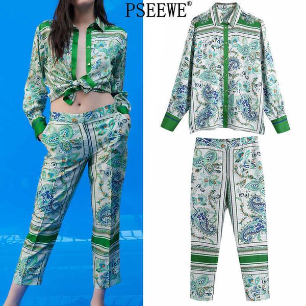 Duas peças Set Mulheres Outfit ZA Verde Impressão Camisas Mulher Tracksuits Vintage Moda Verão Cintura Alta Cintura Ternos 210930