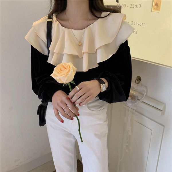 

blouses chic sweet women veet shirt color-hit fashion all-match loose feminine gentle office lady cute blouses, White