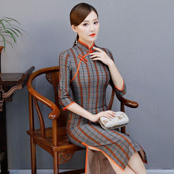 

ethnic clothing slim classical lady cotton straight cheongsam dress half sleeve daily long chinese style dresses print plaid qipao s-3xl, Red