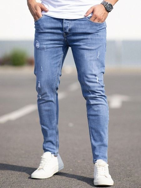 

men slant pocket ripped jeans 08gq#, Blue