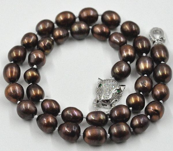 

earrings & necklace 9-11mm freshwater cultured brown pearl 17"leopard clasp earring set, Silver