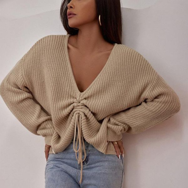 

women's sweaters front drawstring sweater casual long sleeve v neck solid color loose knit pullover, White;black