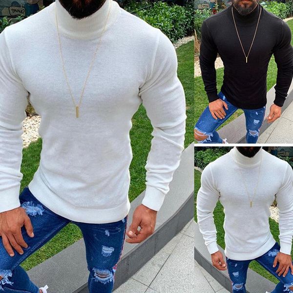 

men's sweaters fashion autumn and winter brand slim knit lapel long sleeve high collar solid color regular sweater, White;black