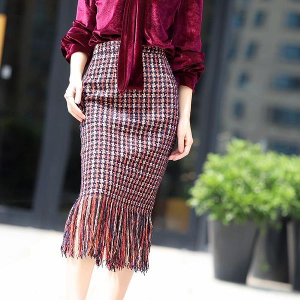 

skirts red plaid tweed long tassel 2021 spring and autumn women's ladies high waist retro bag hip skirt, Black