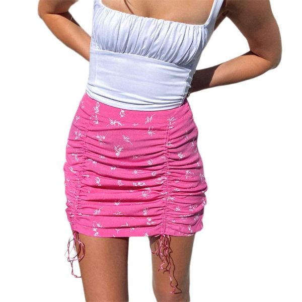 

skirts summer floral print high waist mini vintage skirt simple boho style drawstring wrap 2021, Black