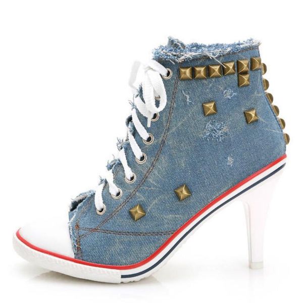 

dress shoes lace up lady office denim high heels woman canvas rivet women camouflage female heel 34-40#, Black