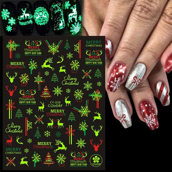 Fluoreszenz-Nagelkunstaufkleber, Weihnachtsthema, im Dunkeln leuchtende, leuchtende Nagelaufkleber, Schneeflocken-Elchbaum-Design, selbstklebende Maniküre als Weihnachtsgeschenk