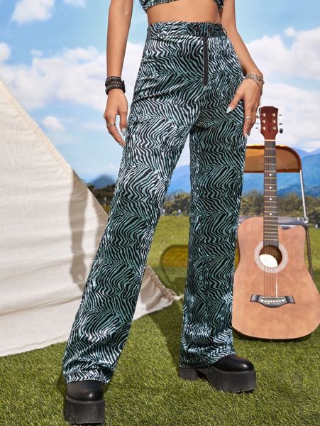 

allover print high waist straight leg pants 557r#, Black;white