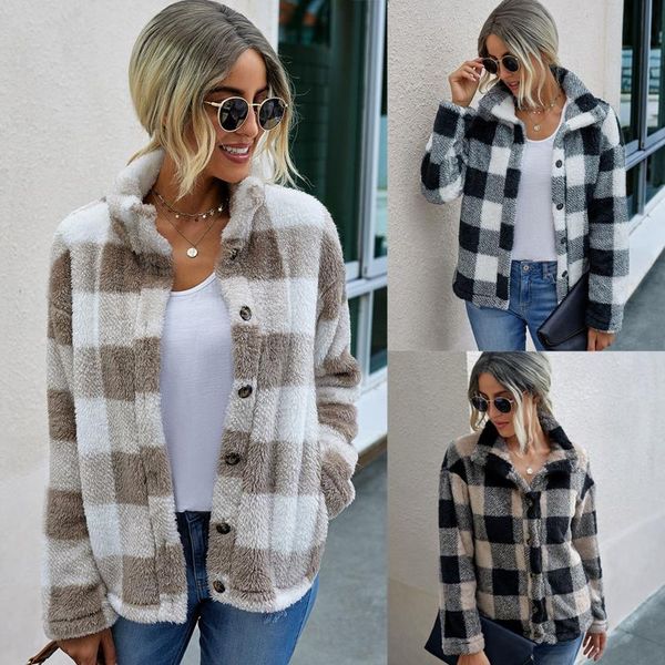 

fashion plush jacket warm plaid stand collar pocket women winter coat outwear female manteau femme women's jackets, Black;brown