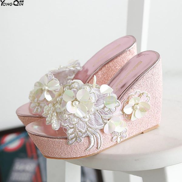 

dress shoes rose flower women sandals lace high heel wild wedge women's, Black