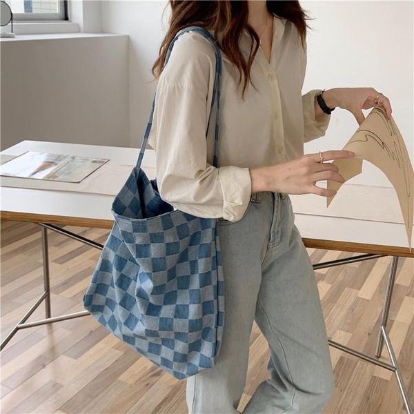 

evening bags women big canvas shoulder bag chess plaid extra large tote blue denim cloth handbag grocery eco shopping for ladies