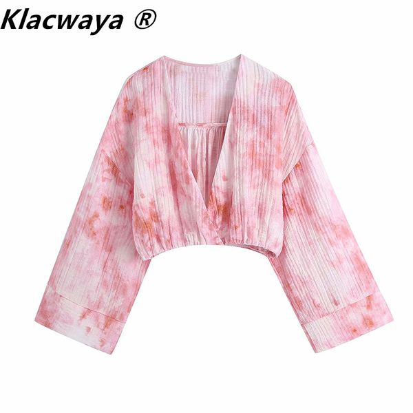 

za women blouse pink tie dye crop female fashion wrap long sleeve summer elastic hem chic woman 210521, White