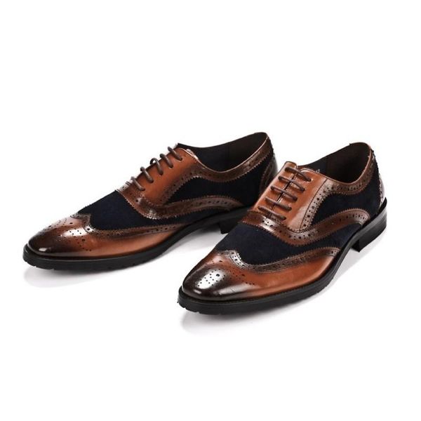 

dress shoes mens genuine cowhide leather mixed colors wing tip brogue italy handmade pointed toe wedding oxford 2021, Black