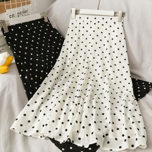 

black white cute womens skirts polka dot summer casual a line high waist chiffon midi long female