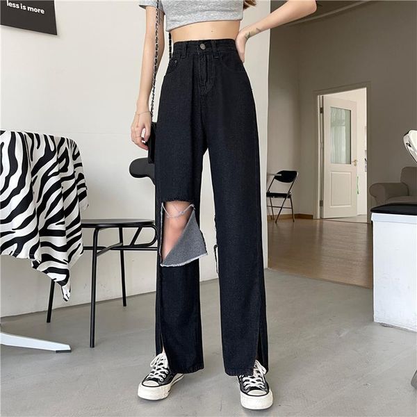 

women's jeans knee ripped hole balck women spring summer high waist loose wide leg hem slit denim pants jean femme streetwear, Blue