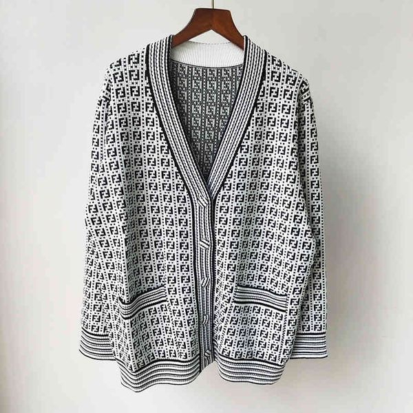 

design clothing 21 fall new dotted letter jacquard v-neck single breasted cardigan for women, White;black