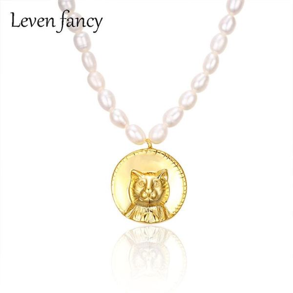 

chains 18k gold over 925 sterling silver cat necklace natural white freshwater pearl beaded necklaces for women pendant medal