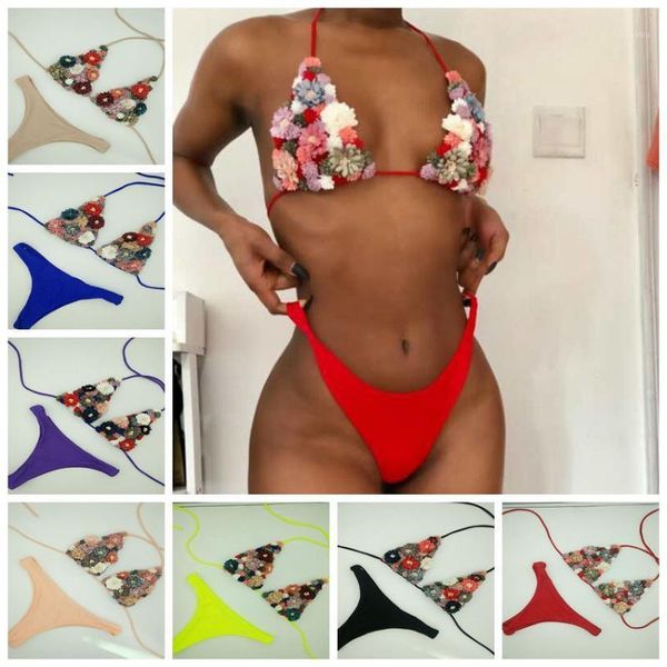 

vacation style handmade floral bikini set swimwear bandage bathing suit push up biquini cute women beachwear women's, White;black