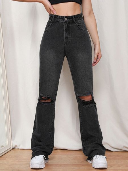 

high waist bleach wash ripped frayed flare leg jeans c4c3#, Blue