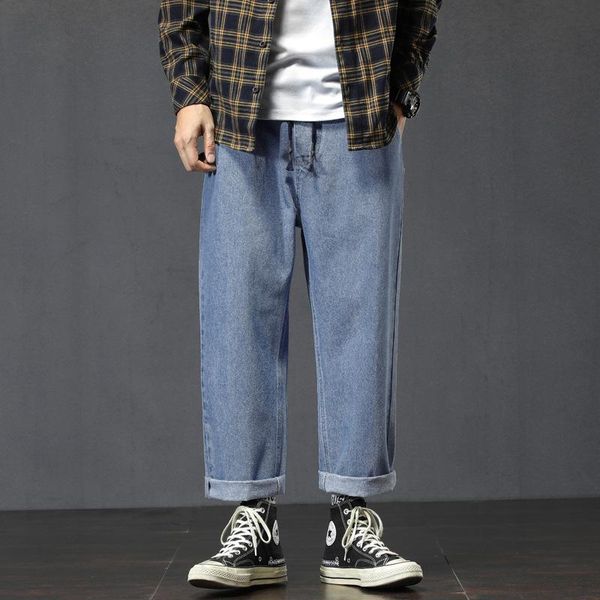

men's jeans autumn loose fit fat straight pants simple stretch denim, Blue