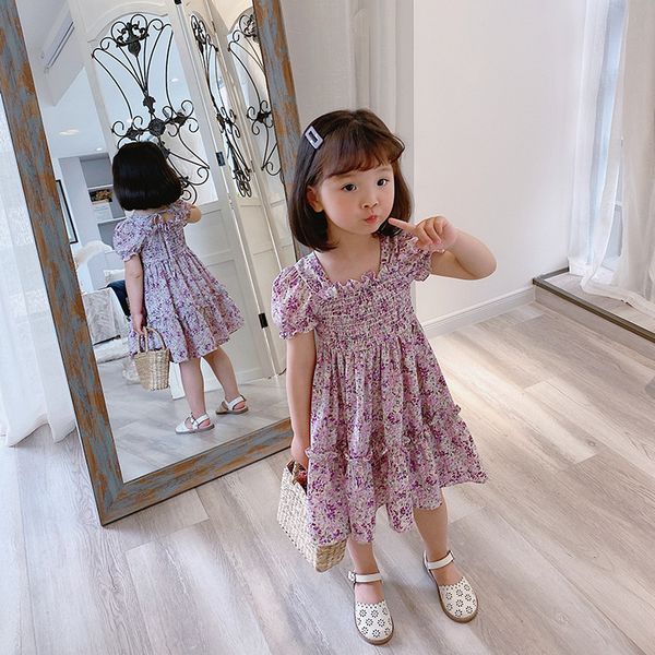 

summer fashion girls floral chiffon princess dress kids thin square collar holiday long 210508, Red;yellow