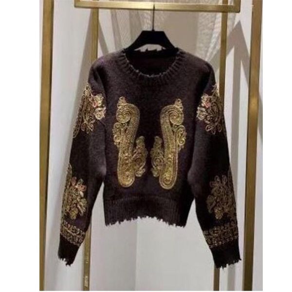 

women's sweaters 21 autumn winter women retro knitted pullovers gold thread embroidery hole broken jumper long sleeve sweater, White;black