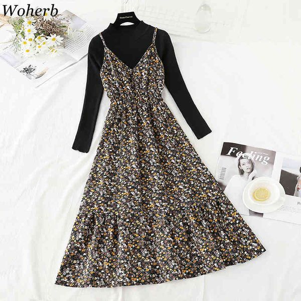 

two piece outfits for women vintage floral slim fit korean suit sweater dress chic fall clothes female 2 piece set 210417, White