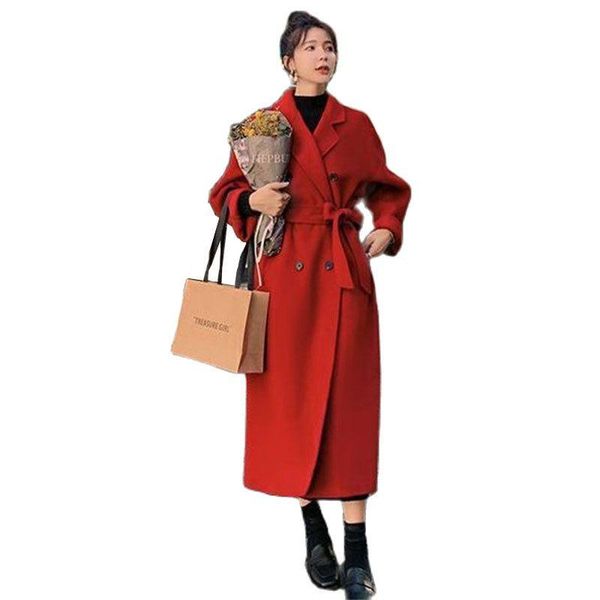 

women's wool & blends fall/winter 2021wine red black woolen coat fashion loose belt temperament casual trench plus size 3xlb