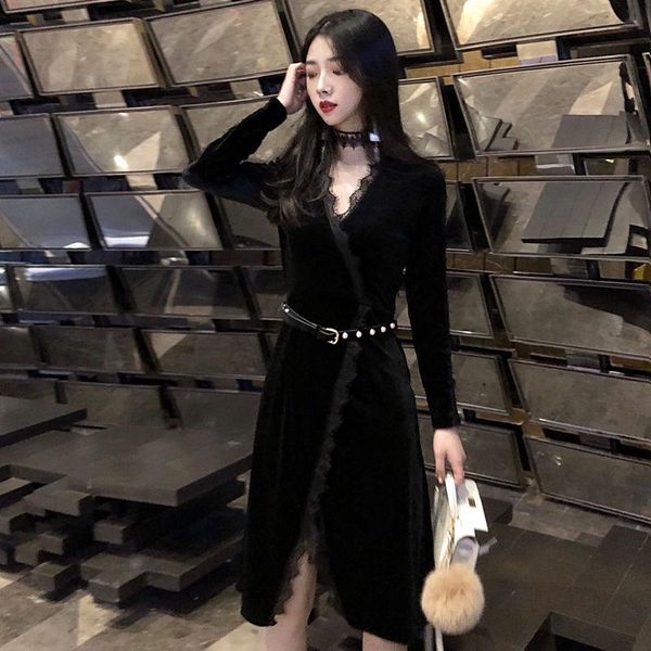 

casual dresses spring autumn women lace patchwork dress female high waist elegant cotton fashion side split ladies slim solid h247, Black;gray