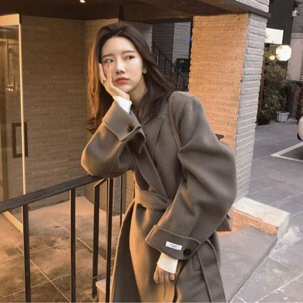 

women's wool & blends off season double-sided cashmere over knee coat medium and long style loose woolen in autumn winter of 2021, Black