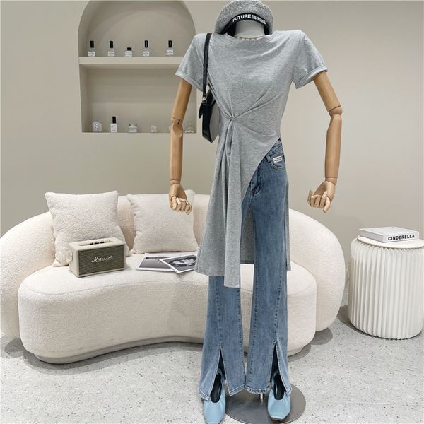 

polos female spring summer fashion design niche side large split two wear sleeves around the neck sweater shirt, White