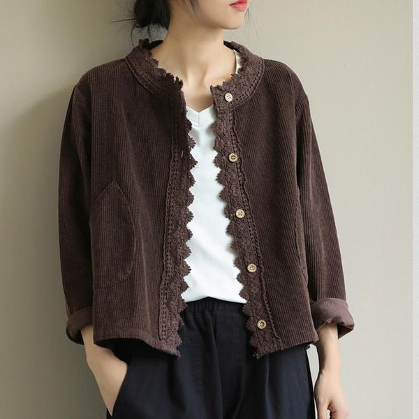 

women's jackets nini wonderland 2021 autumn embroidery short jacket coats women corduroy lace stitching vintage cardigan female casual, Black;brown