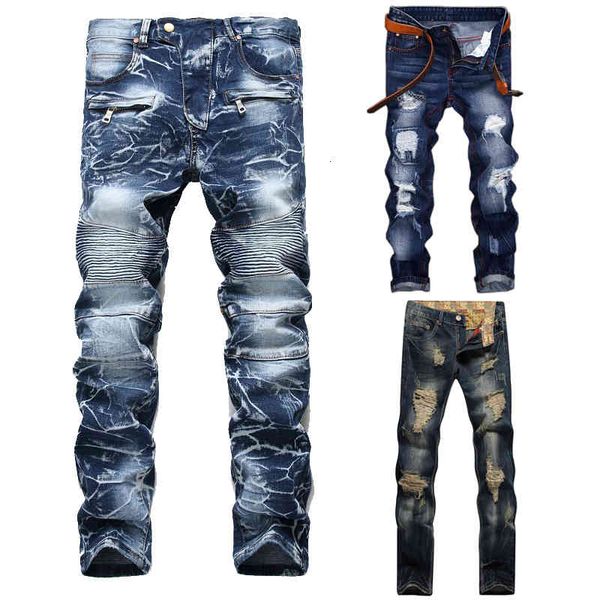 

men's jeans washed straight slim pleated motorcycle biker pants men casual ripped male denim trousers plus size 42 co, Blue
