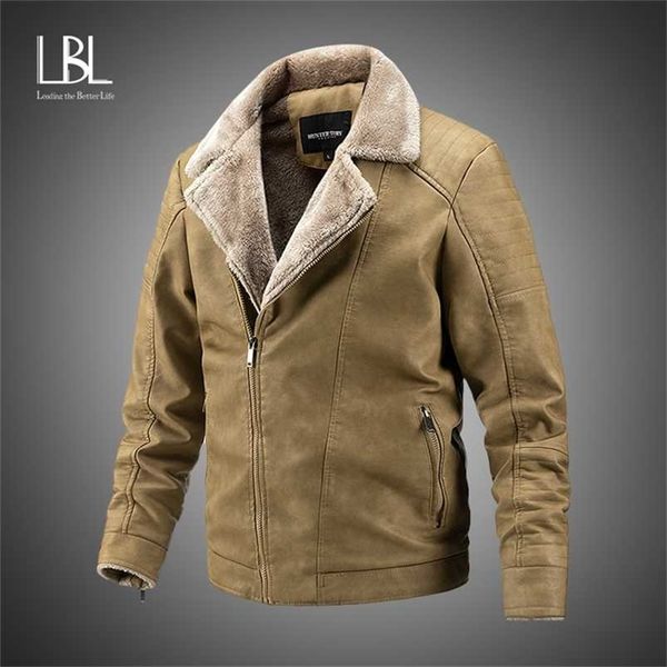 

men autumn winter leather jacket turn down fur collar vintage motorcycle pu leather jacket thicken warm coat biker coat men 211118, Black