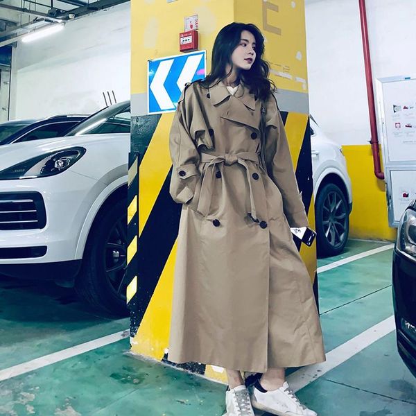 

women's trench coats autumn fashion classic khaki in the long women windbreaker 2021 winter korean loose office lady coat k043, Tan;black