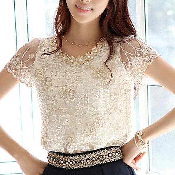 

chiffon summer 2021 korean flowers short sleeve women embroidery lace blouses shirt petal round neck blusas mujer h women's & shirts, White