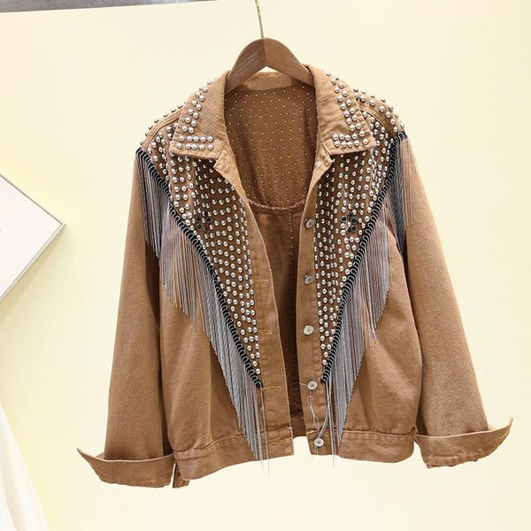 

women's jackets 2021 autumn full sleeve rivet tassel jean jacket plus size women trend denim coat korean loose casual outerwear female, Black;brown