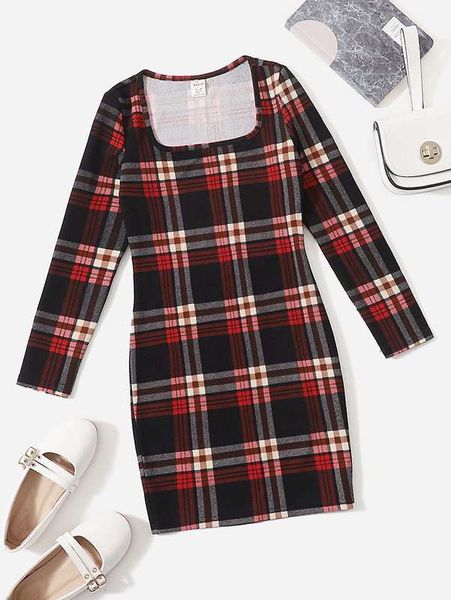 

girls square neck plaid graphic fitted dress she, Red;yellow
