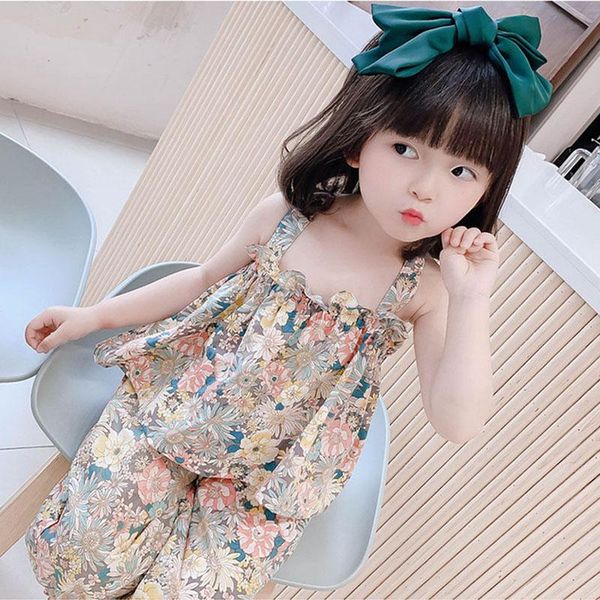 

cute baby girls floral print vest+pants 2pcs set 2021 summer kids ruffles tank loose trousers casual children clothing suit sets, White