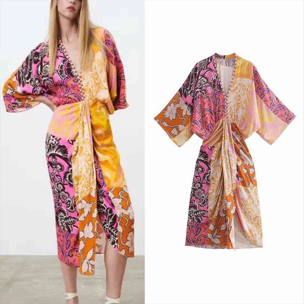 

za print midi v neck womens dresses kimono style short sleeve pleated party chic long elegant girls causal outwear, Black;gray