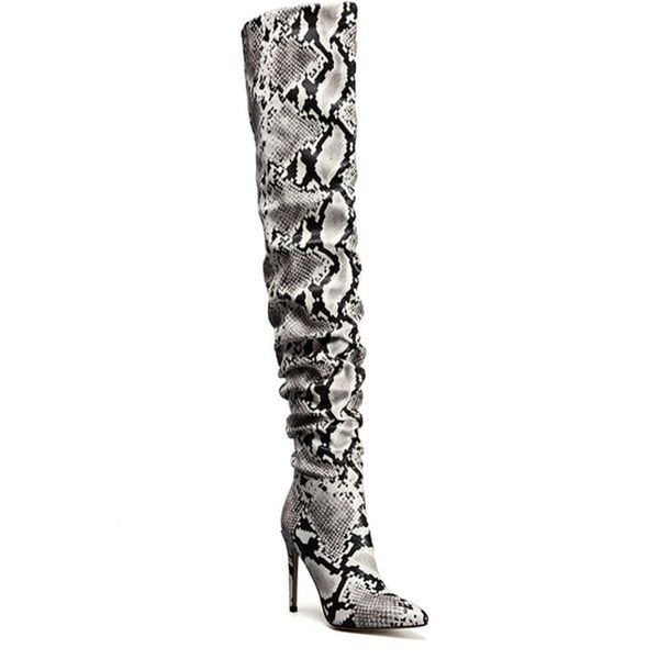

boots sepatu wanita fashion autumn woman over the knee python skin pointed toe shoes high heels party dress night club, Black
